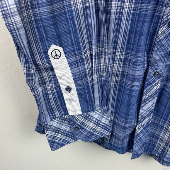 English Hero Mens Large Short Eminence Blue Button Up Geometric Cuff Pocket Rock - Picture 4 of 10